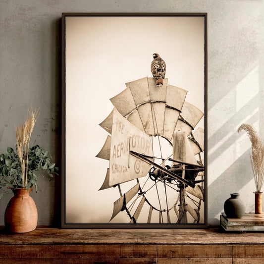 Wall Art Windmill And Hawk Motif Sepia Tonality Vintage Framed Print