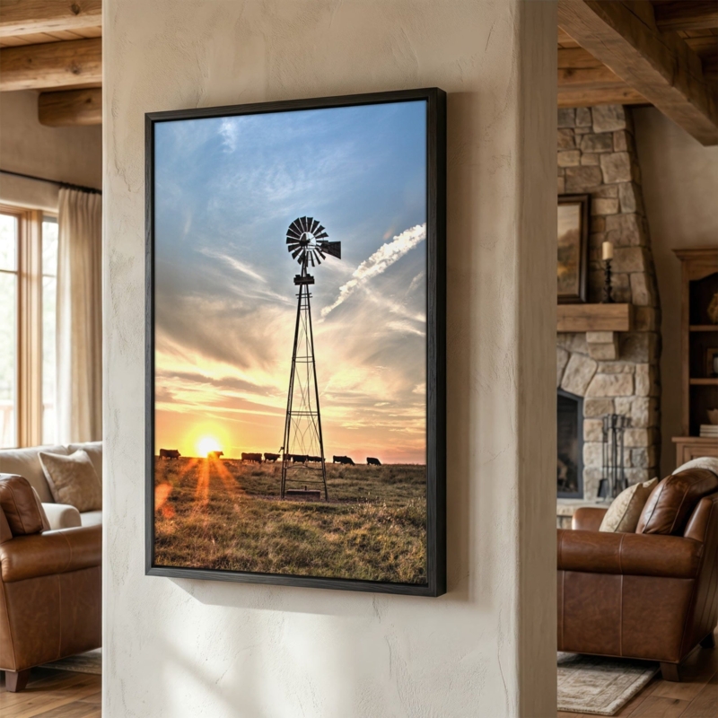 Wall Art Windmill Landscape Large Canvas Rustic Farmhouse Sunset