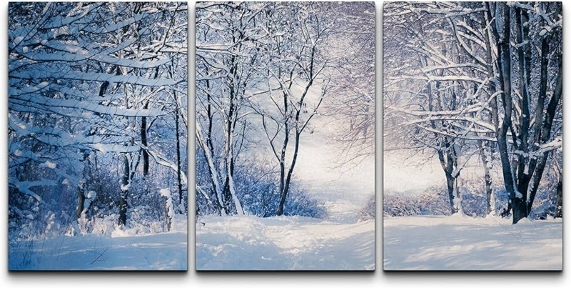 Wall Art: Winter Forest Canvas Triptych Decor, Cool Toned Palette