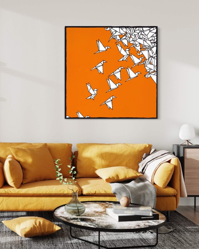 Wall Art with Orange Origami Print and Graphic Bird Theme