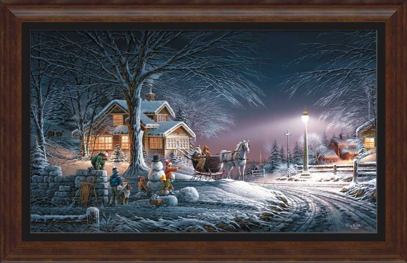 Wall Art: Wood Framed Snow Scene, Beveled Wood Frame, Horse Drawn Sleigh