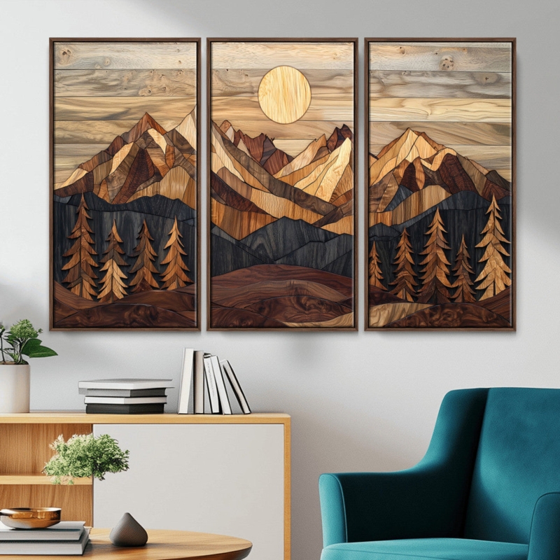 Wall Art Wood Inlay Style Mountain Sunset Triptych Modern Rustic