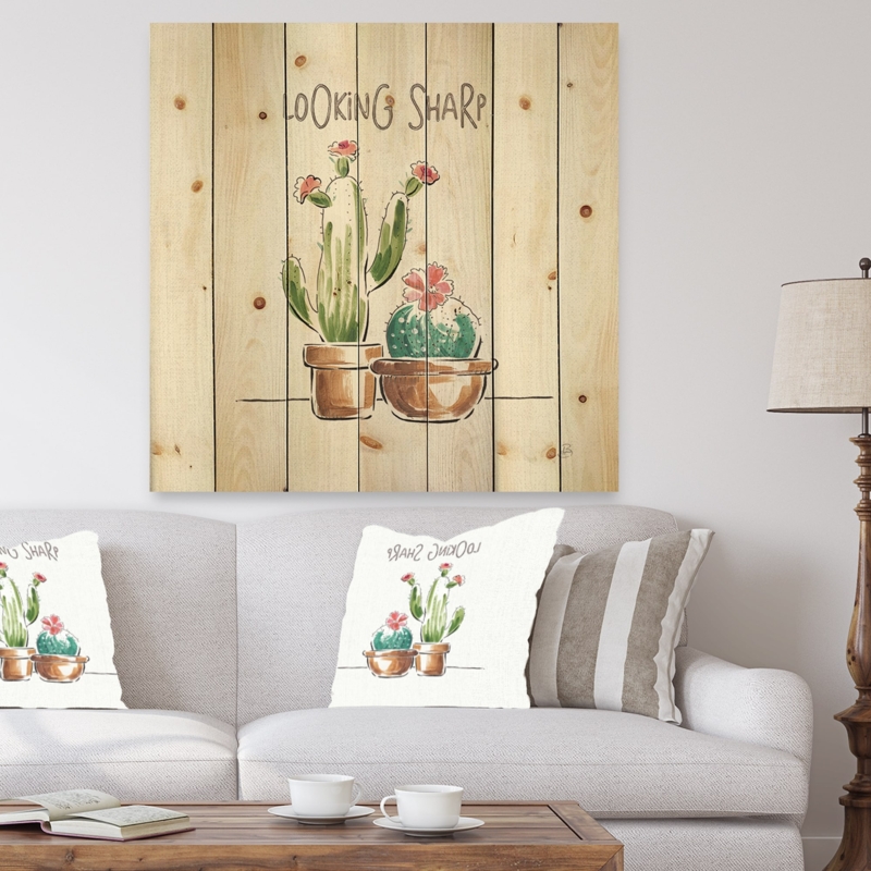 Wall Art Wood Plank Cactus Illustration Typography, Rustic Boho Style