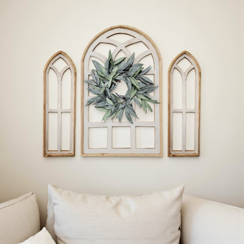 Wall Decor Set Arched Silhouette Cathedral Window Frames Wreath Accent