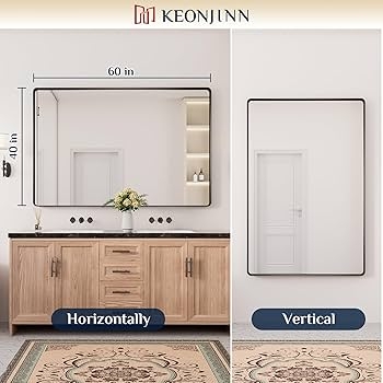 Wall Mirror 60x40 Rounded Corners Matte Black Farmhouse Vanity