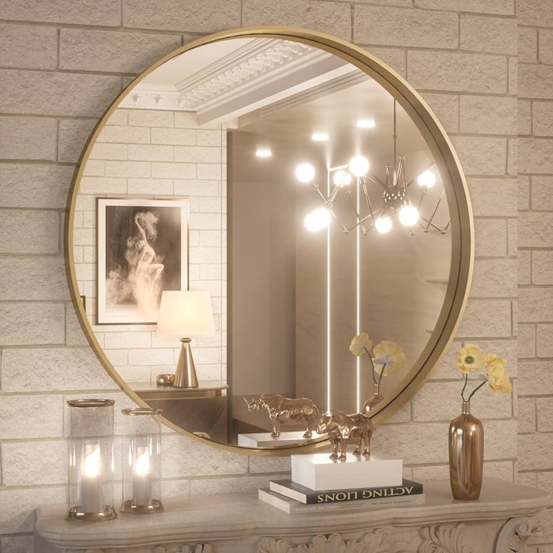 Wall Mirror Brushed Gold Frame Thin Profile Modern Glam Style