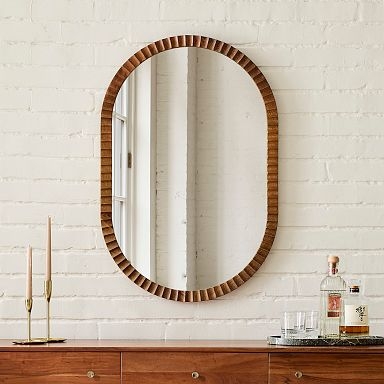 Wall Mirror Fluted Wood Frame Oval Silhouette Textured Decor