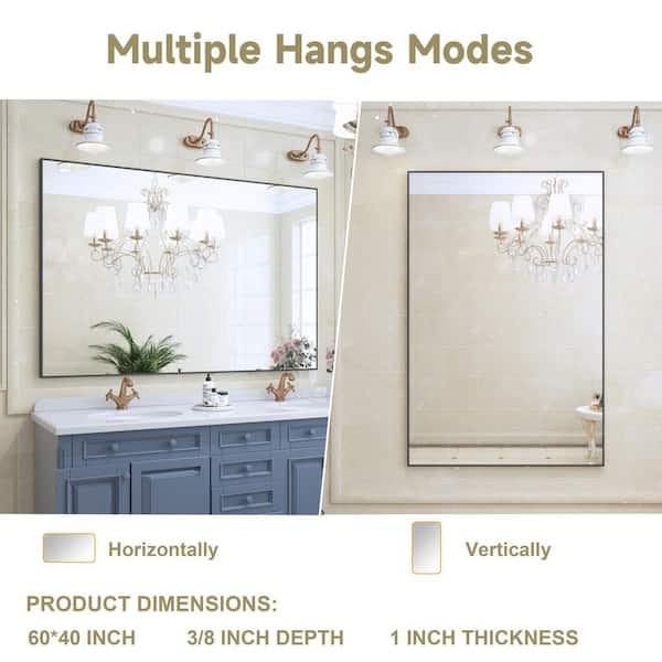Wall Mirror: Matte Black Aluminum Frame, Dual Mounting Orientation
