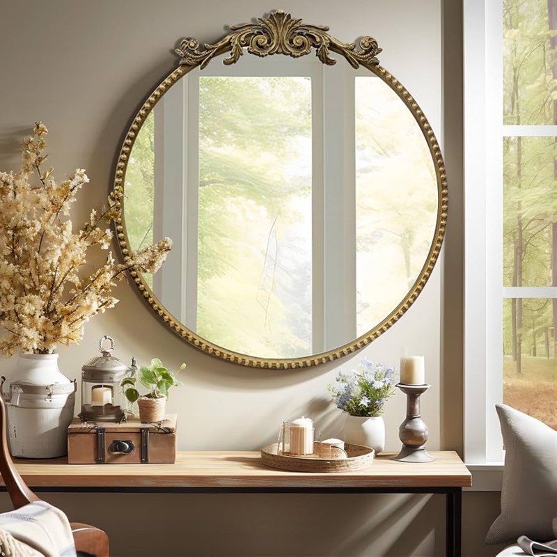 Wall Mirror Ornate Crest Beaded Frame Baroque Style Vintage Finish