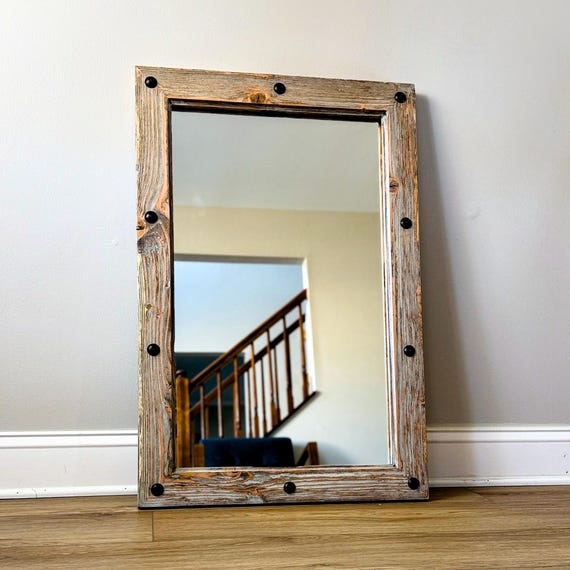 Wall Mirror Oversized Nailheads Distressed Wood Frame Farmhouse