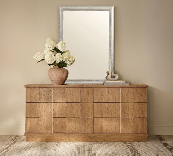 Wall Mirror Rectangular Silver Beaded Frame Transitional Grid Dresser