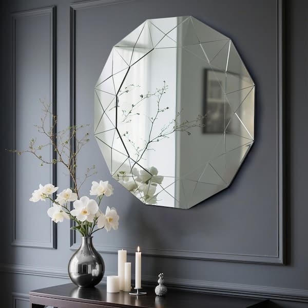 Wall Mirror Round Faceted Surface Beveled Edges Sophisticated