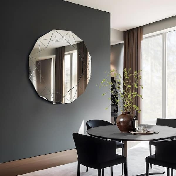 Wall Mirror Round Frameless Geometric Facets Glam Silver Decor