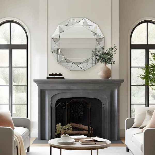Wall Mirror Round Geometric Faceted Frame Transitional Mantel