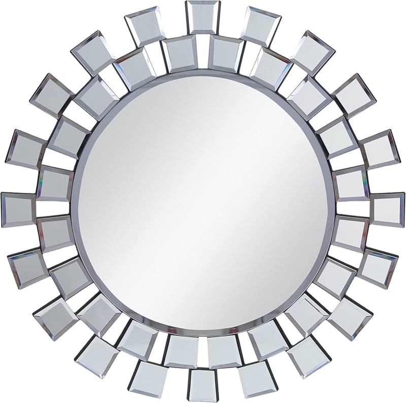 Wall Mirror Round Glam Beveled Tiles Tiered Sunburst Frame Silver