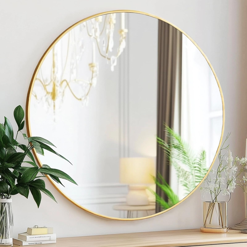 Wall Mirror Satin Gold Finish Thin Frame Minimalist Style