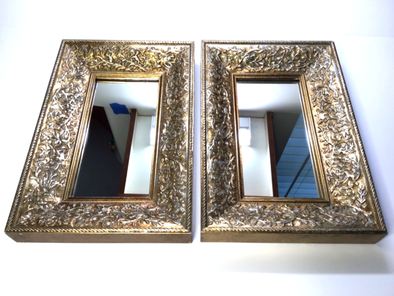 Wall Mirror Set Ornate Floral Relief Rope Border Antique Finish