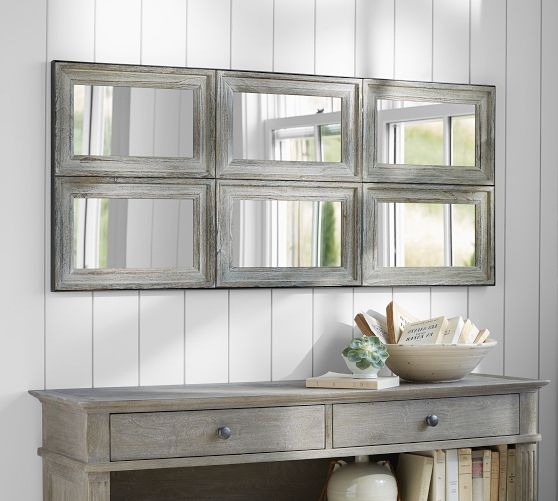 Wall Mirror Six-Pane Grid Distressed Wood Rustic Windowpane