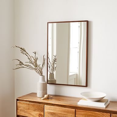Wall Mirror Slim Walnut Frame Minimalist Mid Century Entryway