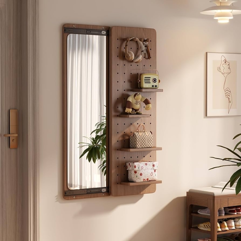 Wall Mirror Storage with Sliding Mechanism and Pegboard Combination