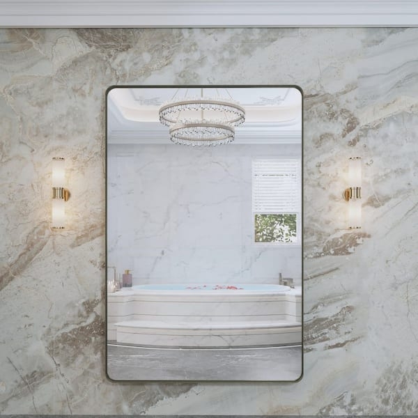 Wall Mirror with Brushed Bronze Finish and Rounded Corners, Large Format