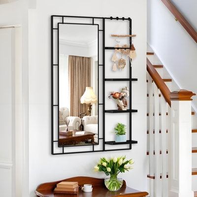 Wall Mirror with Grid Frame and Integrated Shelving for Industrial Style