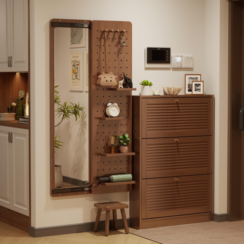 Wall Mirror with Pegboard Organizer in Wood Toned Finish for Entryways