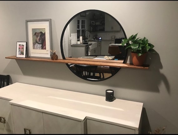 Wall Mirror with Round Silhouette and Integrated Wood Shelf for Entryways