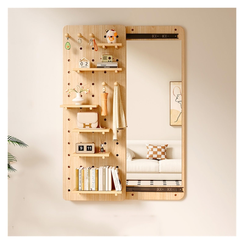 Wall Mirror with Sliding Mechanism and Hidden Pegboard Storage Unit