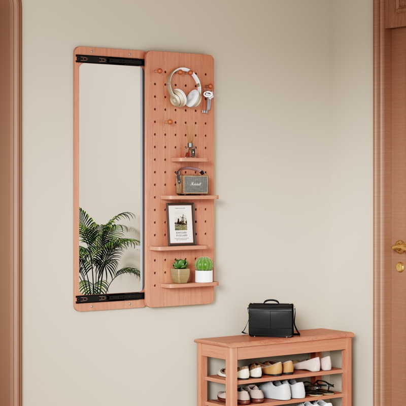 Wall Mounted Organizer with Sliding Mirror and Integrated Pegboard Unit