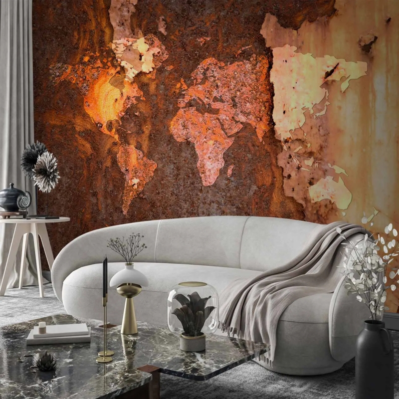 Wall Mural: Industrial Metallic Rust World Map Pattern Decor