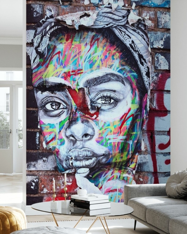 Wall Mural: Large Scale Street Art Portrait with Brick Texture Background