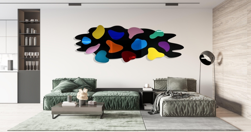 Wall Sculpture: Multitone mirrored acrylic, organic shapes, playful decor.