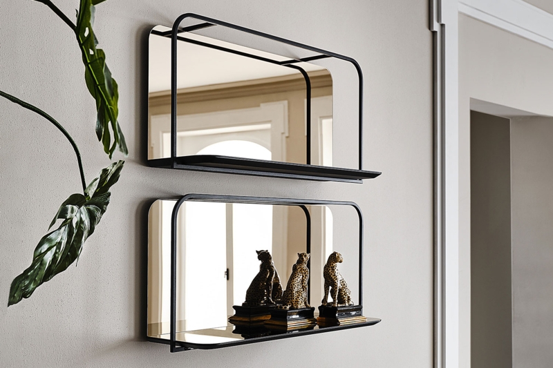 Wall Shelf with Mirrored Back & Slim Black Frame for Minimalist Shelving