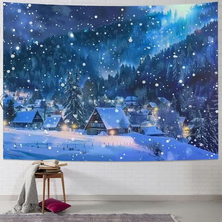 Wall Tapestry Large Scale Winter Scene Navy Blue Landscape Print