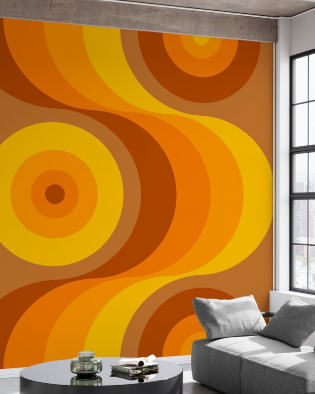 Wallpaper with Retro Wavy Pattern and Large Scale Mural