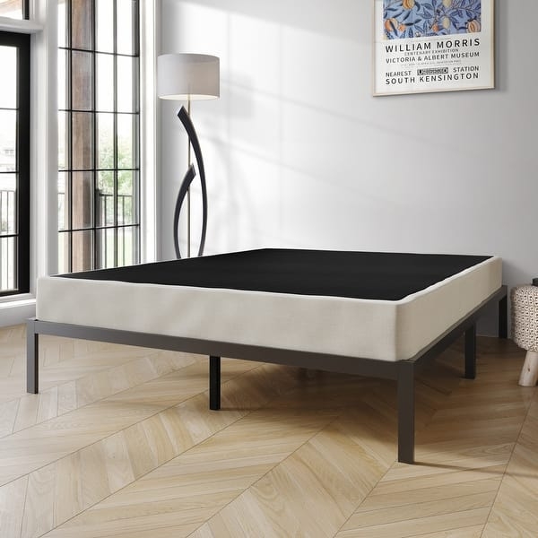 Warm Grey Low Profile Box Spring, 5-Inch Linen-Like Upholstery.