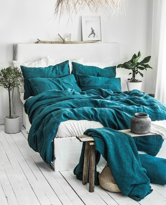 Washed Linen Duvet Cover Set, Deep Emerald Blue, Minimalist Style