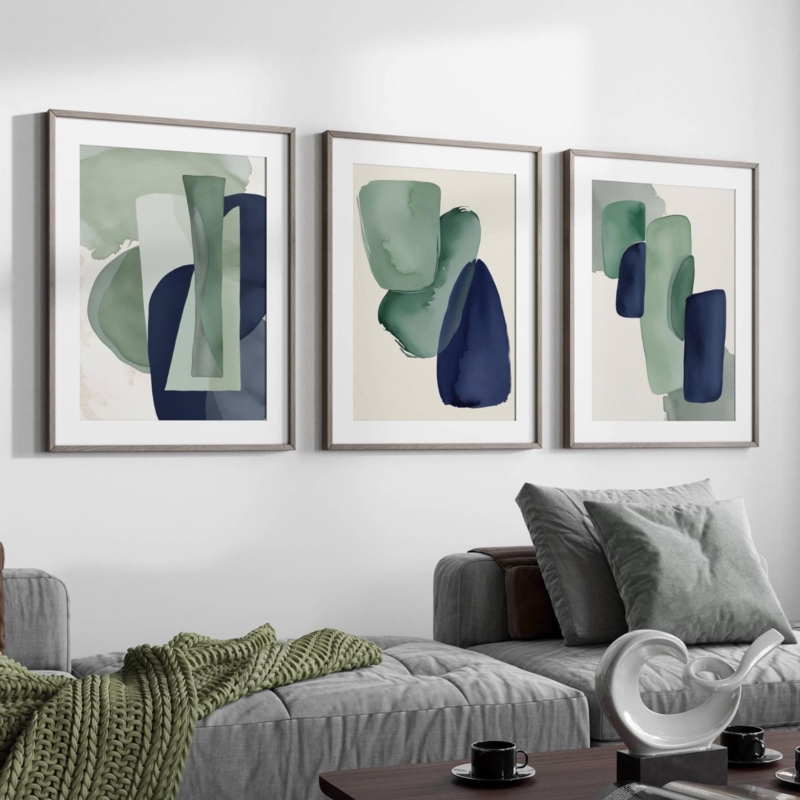 Watercolor Style Wall Art Triptych in Navy and Green for Modern Living