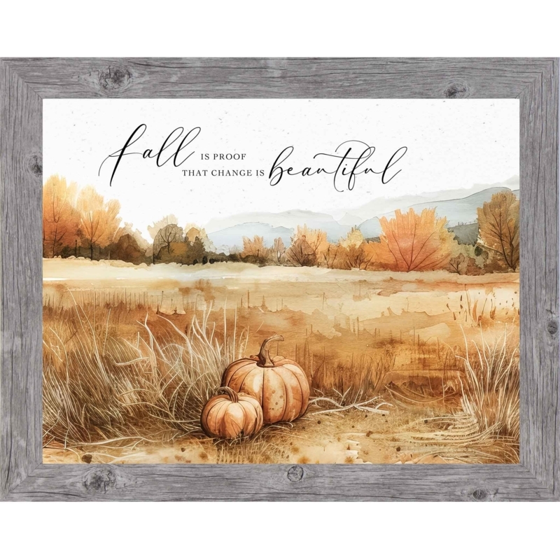 Weathered Gray Framed Art with Watercolor Pumpkin Landscape Scene