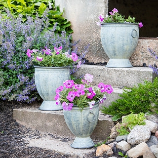 Weathered Metal Urn Planters, Ring Handles, Set of 3