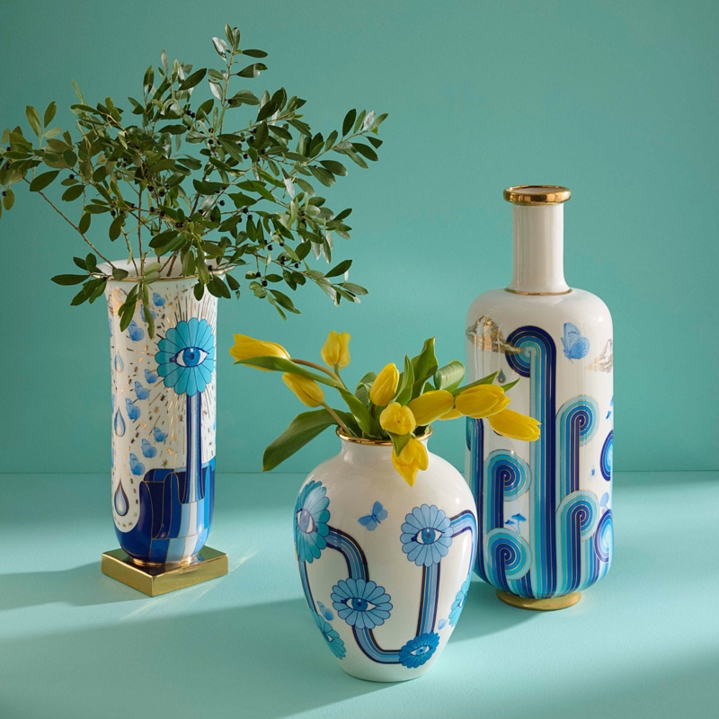 Whimsical Vase Set: Ceramic with Surrealist Eye Motif and Gold Accents.