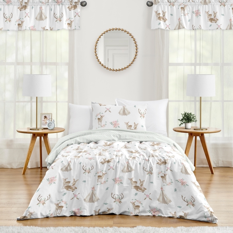 Whimsical Woodland Bedding Set with Watercolor Fawn and Floral Design
