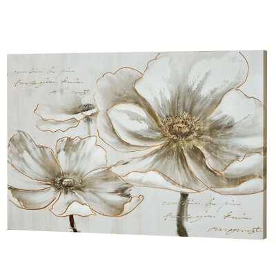 White and Gold Floral Canvas Wall Art, Script Background