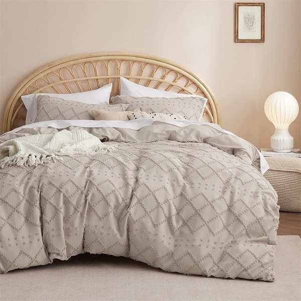 White Boho Bedding Set featuring Textured Chevron Fringe in Matte Finish
