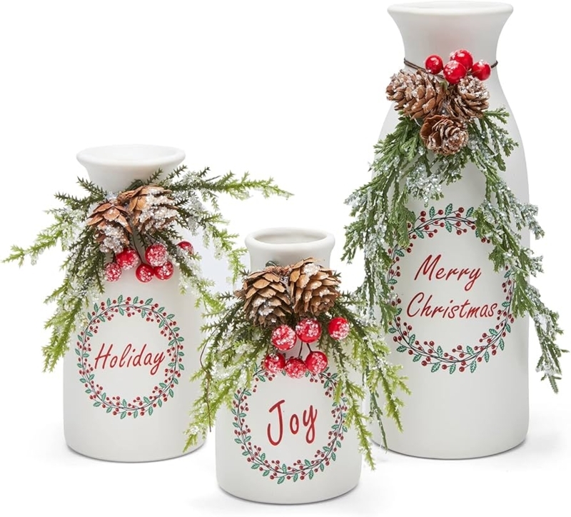 White Bottles Holiday Script Pinecones Seasonal Shelf Styling