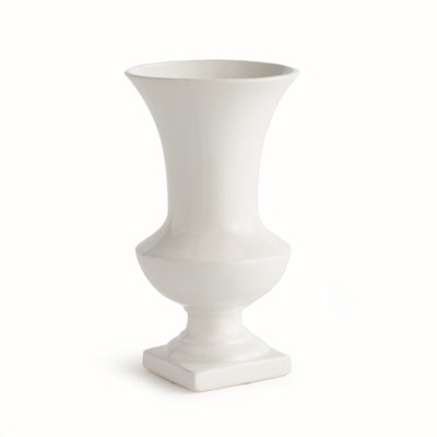 White Ceramic Trumpet Vase, Semi-Matte Finish on Square Plinth Base