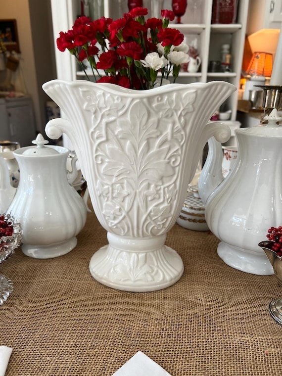 White Ceramic Urn Vase, Scrolled Handles & Leaf Relief