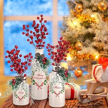 White Ceramic Vase Set Red Berry Fill Inscriptions Cozy Holiday Styling