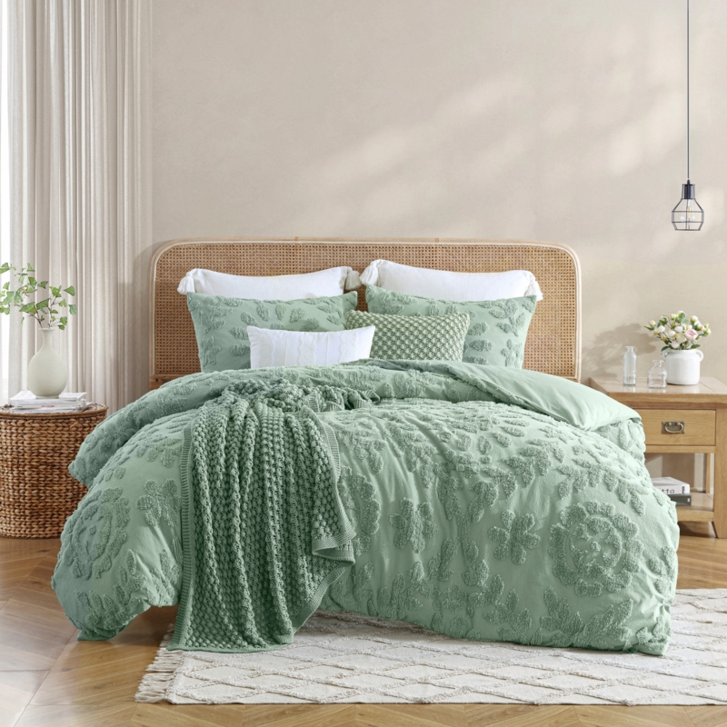 White Chenille Duvet Cover Set, Tufted Laurel Vine Pattern